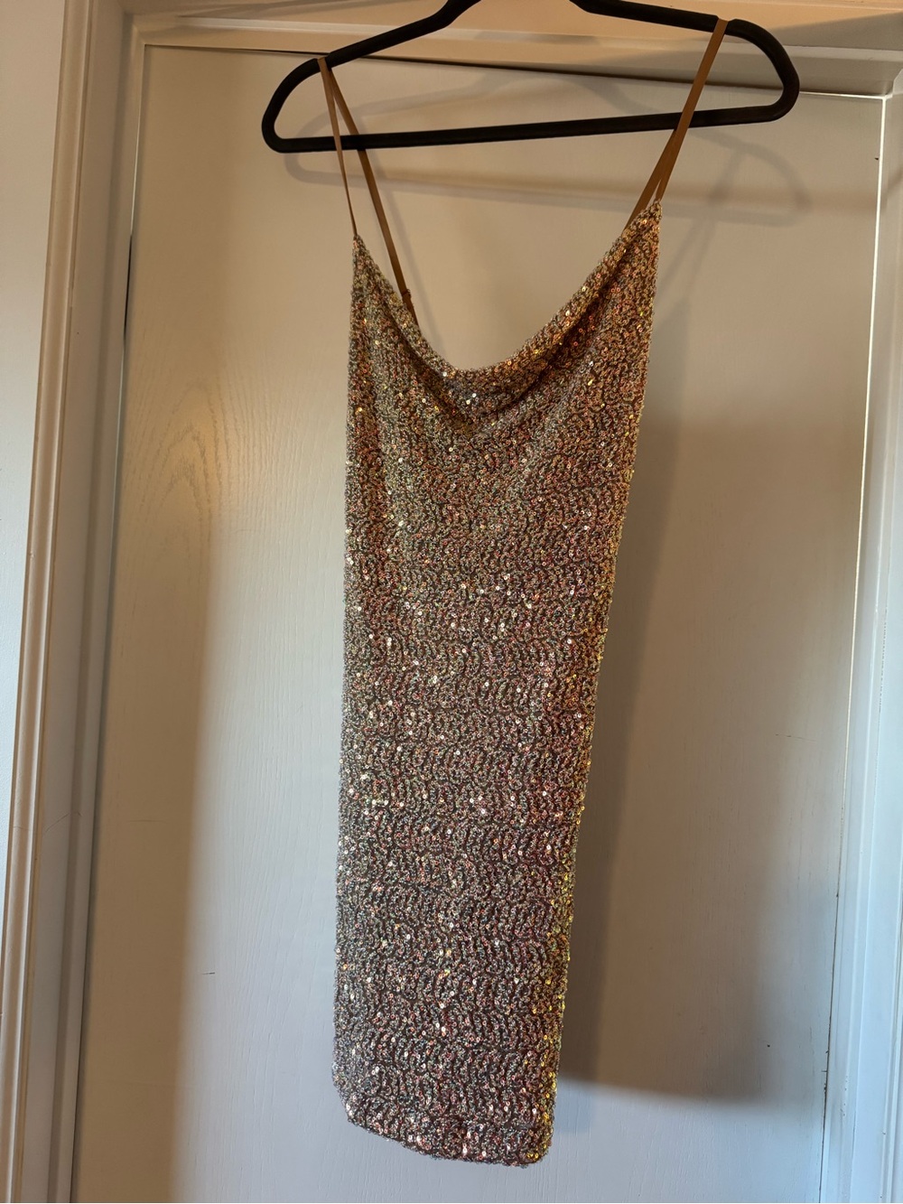 White Birch Rose Gold Sequin Cowl dress
